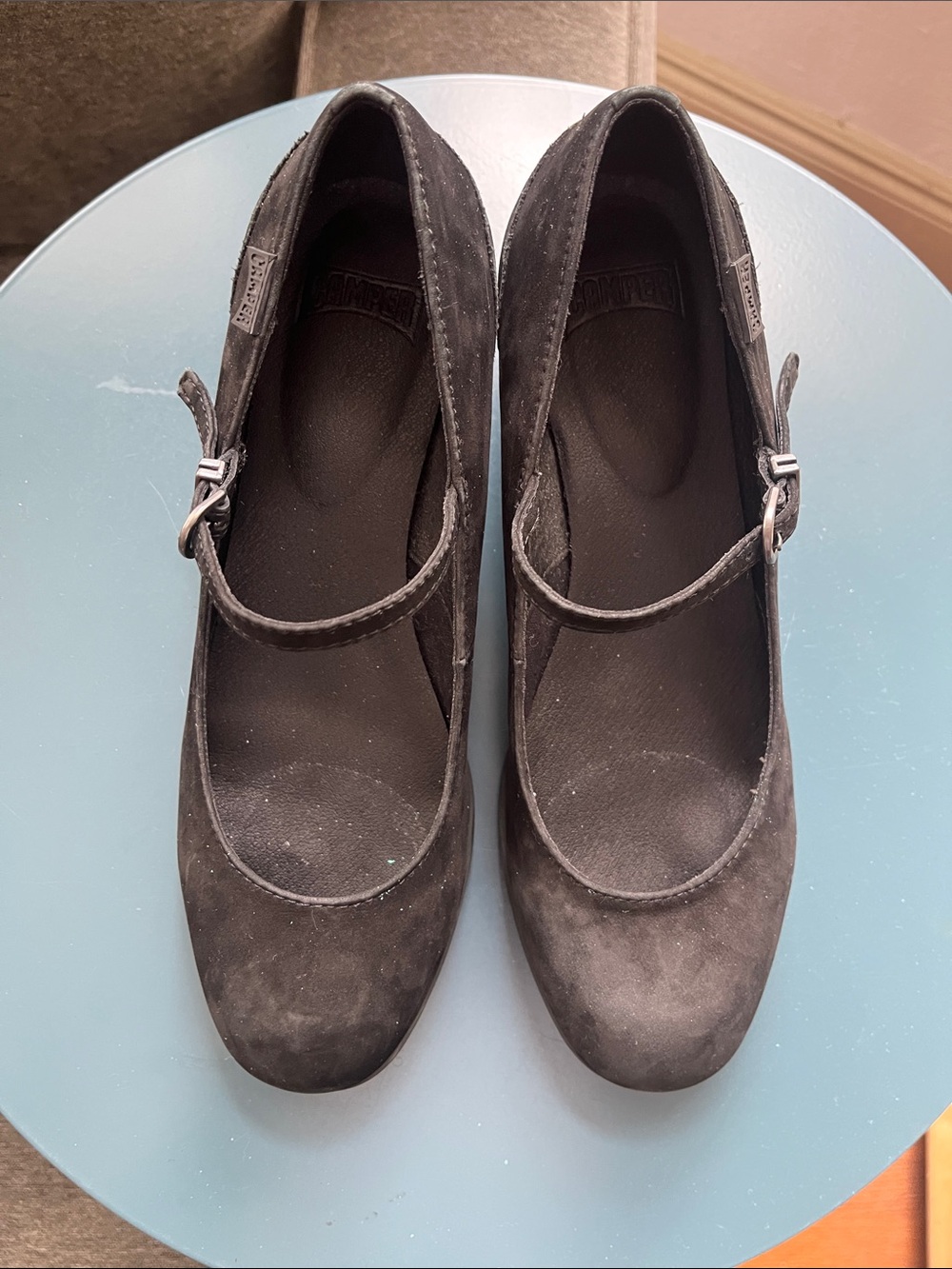 Camper Katie Black Mary Jane Suede Flats with Strap